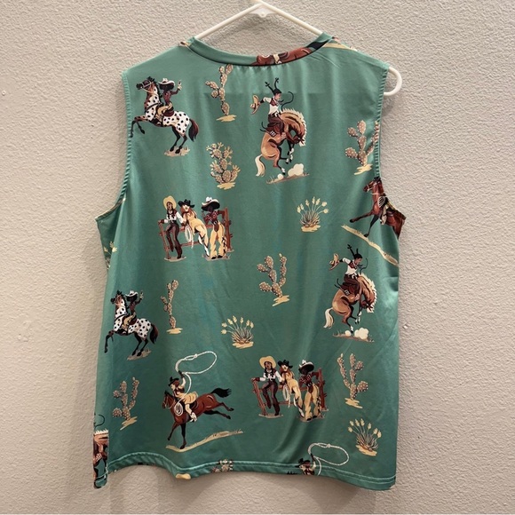 Cowboy Print Sleeveless Top - Green Womens XL Western Horses Cactus - Picture 3 of 5